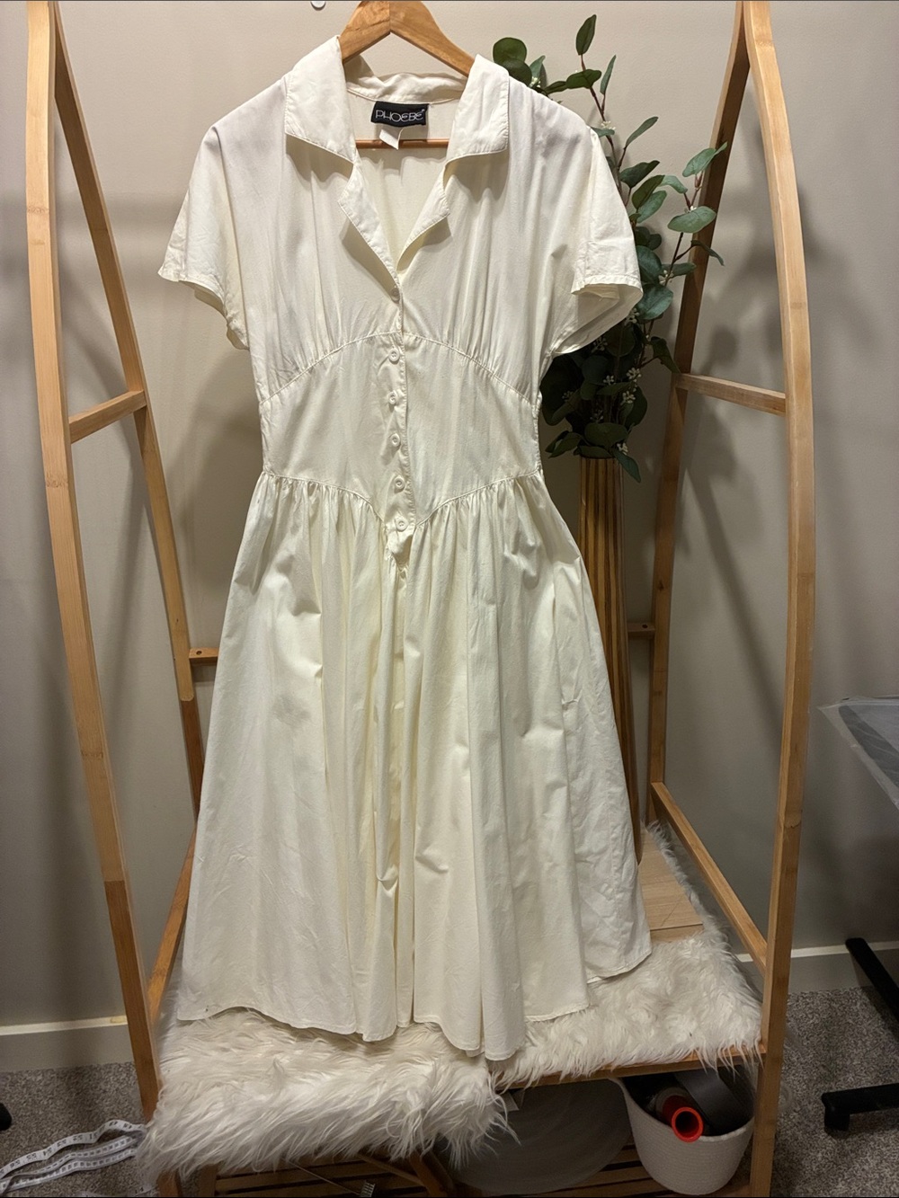 Vintage Phoebe Corset Style Front Ivory Button-Front Shirt Dress a244